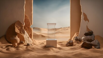 A window to a desert and sky with a glass podium and small rocks for product photography background