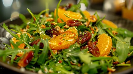 Rocket salad with dotus and mandarin orange with vinaigrette sauce. 