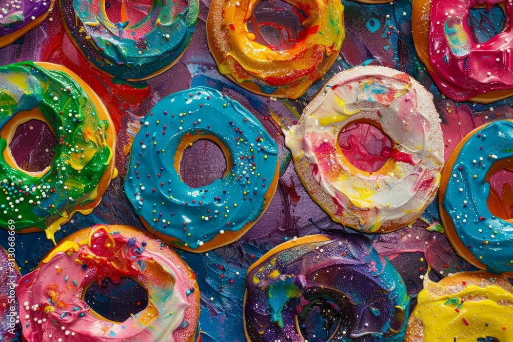 Poster top view of assorted donuts with bright icing and sprinkles on a multicolored surface