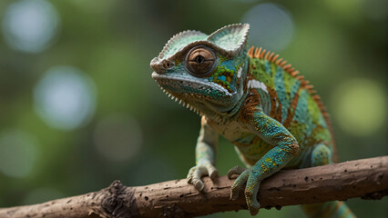 A green and blue chameleon is sitting on a branch