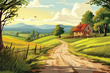 Rural Scene Landscape. Green fields landscape of farmland. Green grass, meadows and trees, blue sky on background. Country agriculture farmland. vector illustration. 