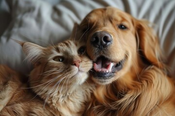 Portrait of a happy dog and cat showcasing their amazing friendship and pet friendliness