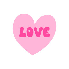 Love word and heart. Vector flat illustration of lettering in retro groovy style