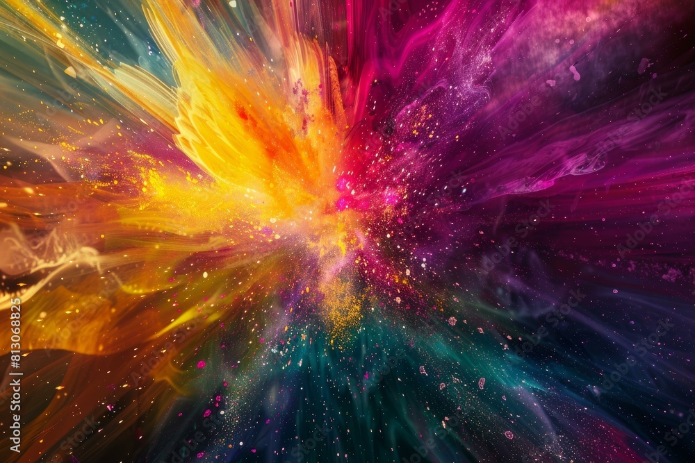Poster mesmerizing abstract digital art depicting a vibrant cosmic explosion in space with colorful energy.