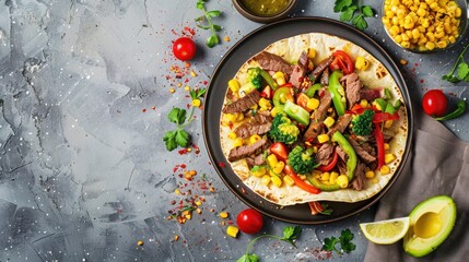 Top view tasty mexican tortilla beef with vegetables on concrete background. Generated AI image