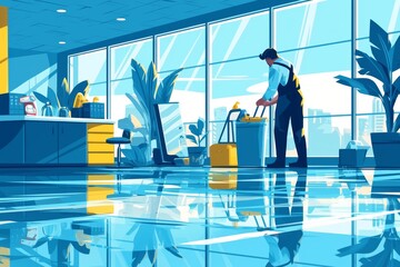 Professional Janitor Preparing Cleaning Supplies in Modern Office