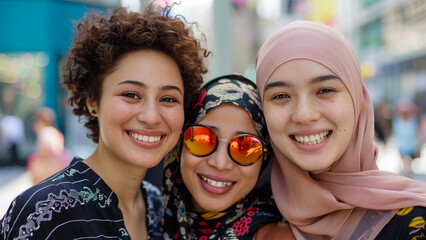 Close up portrait of three happy multiethnic women posing together in the street.