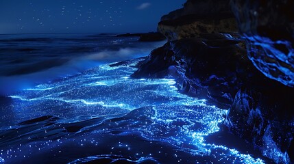 A mesmerizing display of bioluminescent plankton illuminating the dark depths of the ocean with a soft blue glow.
