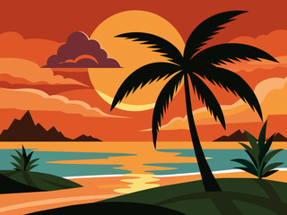  Sea beach sunset with coconut tree black silhouette vector illustration 