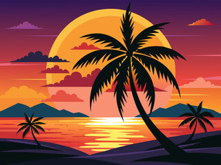 Fototapeta premium Sea beach sunset with coconut tree black silhouette vector illustration 