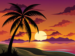  Sea beach sunset with coconut tree black silhouette vector illustration 