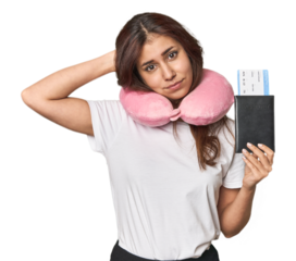 Middle Eastern woman ready for travel touching back of head, thinking and making a choice.