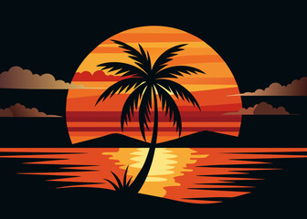  Sea beach sunset with coconut tree black silhouette vector illustration 