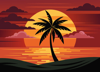  Sea beach sunset with coconut tree black silhouette vector illustration 