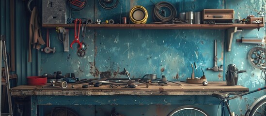 Garage tool board, Vintage garage style. Bike mechanic garage with workshop tools wall.