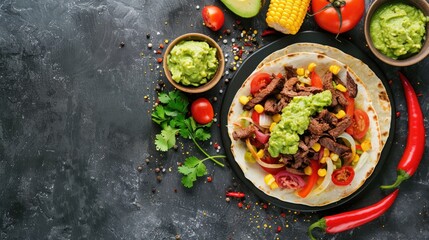 Top view tasty mexican tortilla beef with vegetables on concrete background. Generated AI image