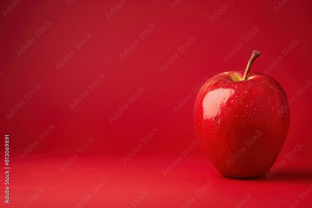 Poster a red apple sits on a red background. the apple is shiny and has a stem. the red background creates 