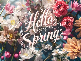 Hello Spring template with beautiful flower. Vector illustration