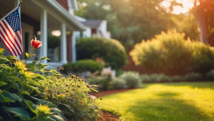 Obraz premium Patriotic American flag on corner of residential house with blurred background on sunny day