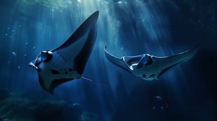 A pair of graceful manta rays gliding effortlessly through the ocean depths, their wings spread wide as they search for food.