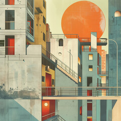 A detailed illustration of an urban landscape, with modern buildings and streets in the style of De Stijl, inspired by Bauhaus graphic design, featuring geometric shapes and flat colors. 