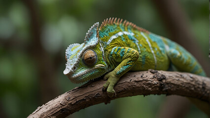 A green and blue chameleon is sitting on a branch