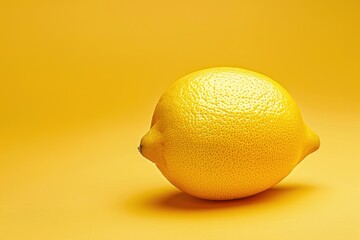 A yellow lemon is sitting on a yellow background. The bright yellow color of the lemon and the background creates a cheerful with copy space