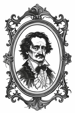 Edgar allan Poe portrait inside a vintage frame illustration vector white background 