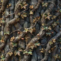 Stone Wall Covered With Vines and Leaves
