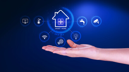 Smart home technology, User touches virtual screen manage smart home features including security, lighting, temperature, Smart home and Iot concept.