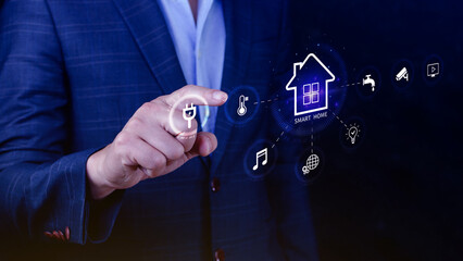 Smart home technology, User touches virtual screen manage smart home features including security, lighting, temperature, Smart home and Iot concept.