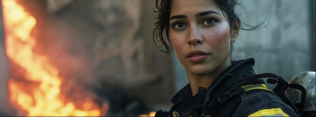 Indian woman as a firefighter in a black and yellow uniform, standing in the style of a fire with an intense look on her face, dark hair tied back tight