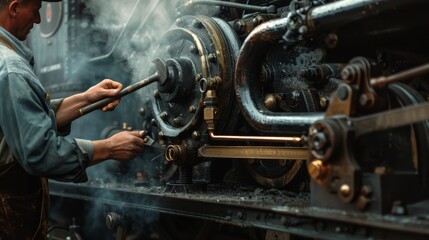Blacksmith shapes metal on a steam locomotive with hammer.