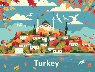 NO WORDS, NO TEXT, IMAGE ONLY a beautiful flat design poster of Turkey, with the word "Turkey" written on the bottom of the poster
