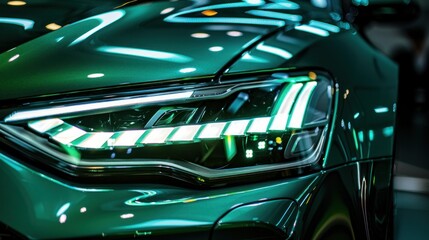 Closeup luxury green car headlights detailed with led lamp technology dark background. Generate AI