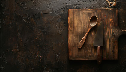 kitchen wooden board with wood spoon with black texture background generated by AI