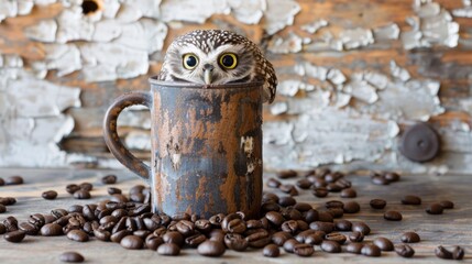 Owl in coffee mug, whimsical and perfect for creative advertising or decor.
