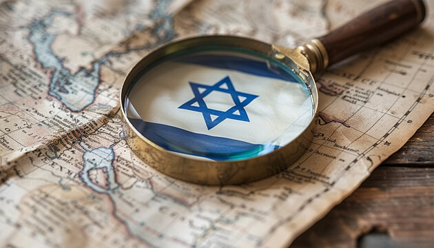 magnifying glass on map with Flag of Israel. Israel Flag Between Traveler's Accessories on Old Vintage Map. Overhead Shot