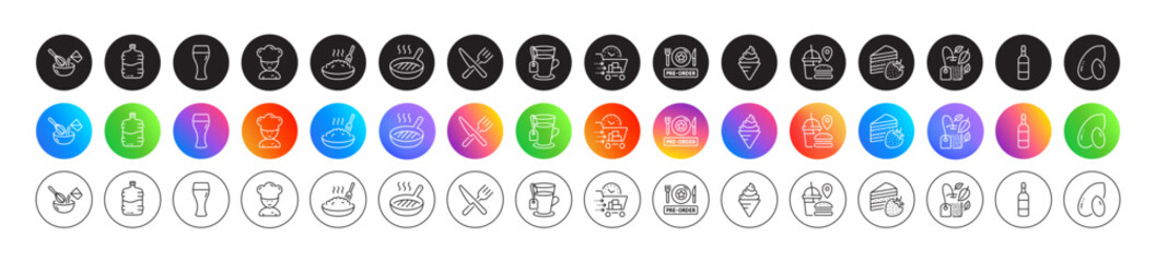 Food, Grill pan and Porridge line icons. Round icon gradient buttons. Pack of Cake, Cooler bottle, Fast food icon. Cooking chef, Ice cream, Peanut pictogram. Cooking whisk, Brandy bottle, Tea. Vector