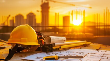 Fototapeta premium Construction helmet and plans on a cityscape at sunset, perfect for industry and development themes.
