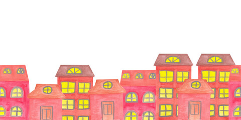 houses of different colors and sizes seamless border watercolor illustration isolated on white background base for holiday card design textile tableware