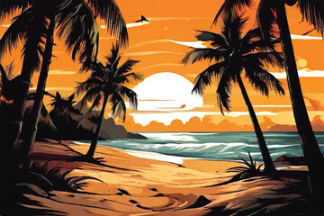  Beautiful exotic sunset at a beach vector illustration. Beach with palm trees and sundown. The beauty of the sea.
