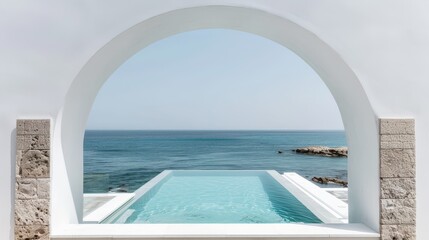 Fototapeta premium Seaside relaxation area with an infinity pool framed by an arch, ideal for resort and luxury living promotions.