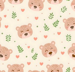 Cute pink bear face pattern with hearts and leaves, pastel colors, seamless design