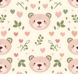 Cute pink bear face pattern with hearts and leaves, pastel colors, seamless design