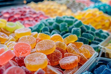 Vibrant and enticing gummy candies arranged neatly for sale, offering a sweet choice for shoppers