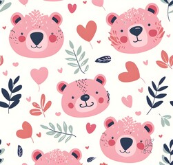 Cute pink bear face pattern with hearts and leaves, pastel colors, seamless design