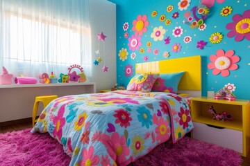 Bright and playful kid's room with flower motifs, vibrant colors, and modern furniture