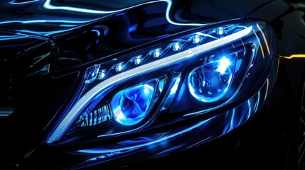 Closeup luxury blue car headlights detailed with led lamp technology on dark background. Generate AI