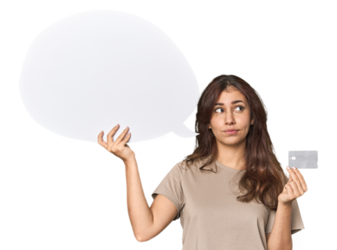 Young Middle Eastern woman with credit card, speech bubble